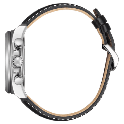 Herrklocka sidovy med svart läderarmband och silverfärgat hölje med knappar