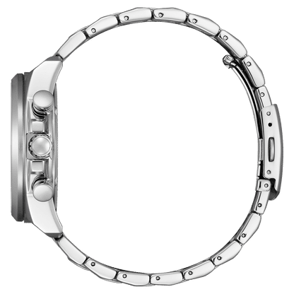 Armbandsur för herrar, sidovy med boett i metall och länkarmband