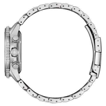 Herrarmbandsur med armband i silverfärgat rostfritt stål, sidohölje med tryckknappar