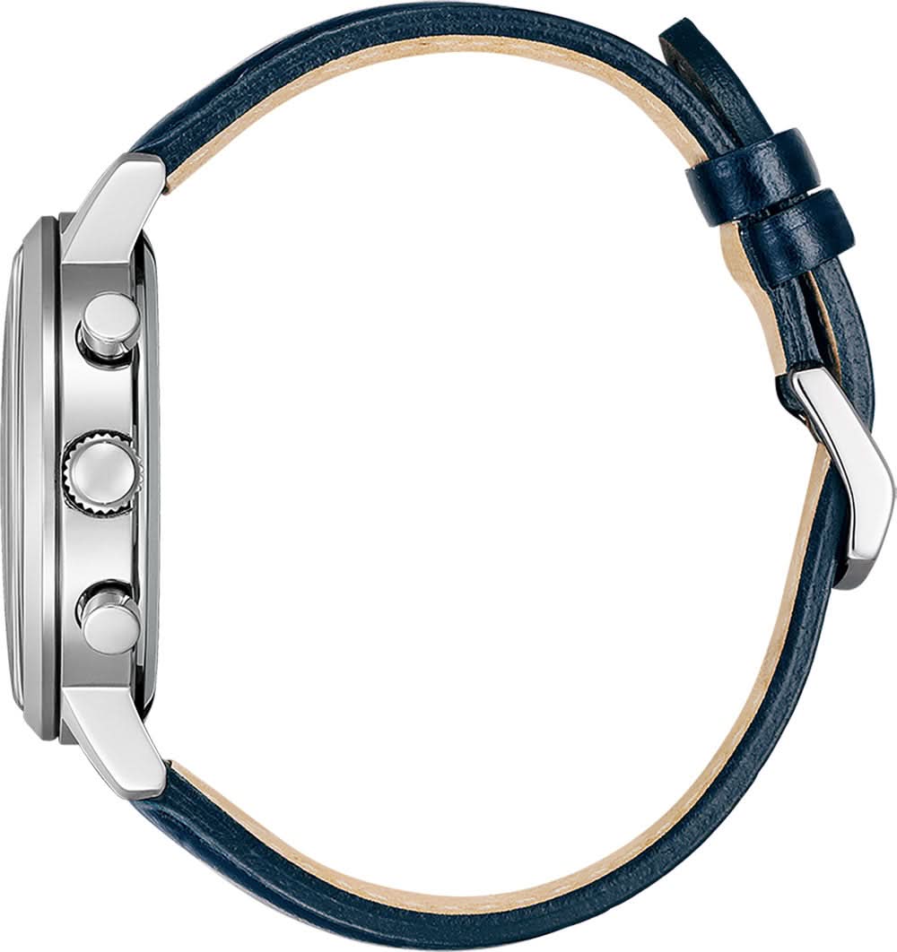 Klockboett med blått läderarmband och krona på sidan