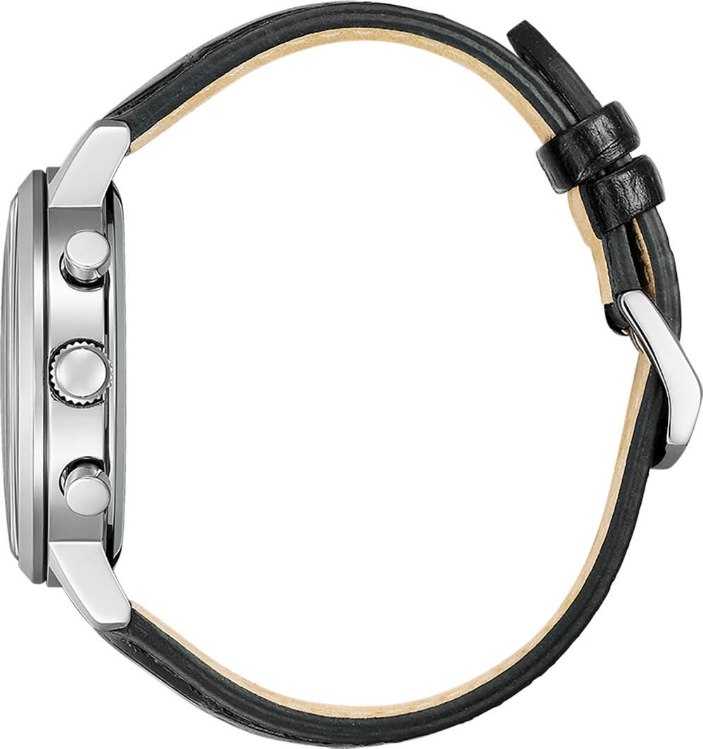 Citizen herrklocka med svart läderarmband och silverfärgat hölje på sidan
