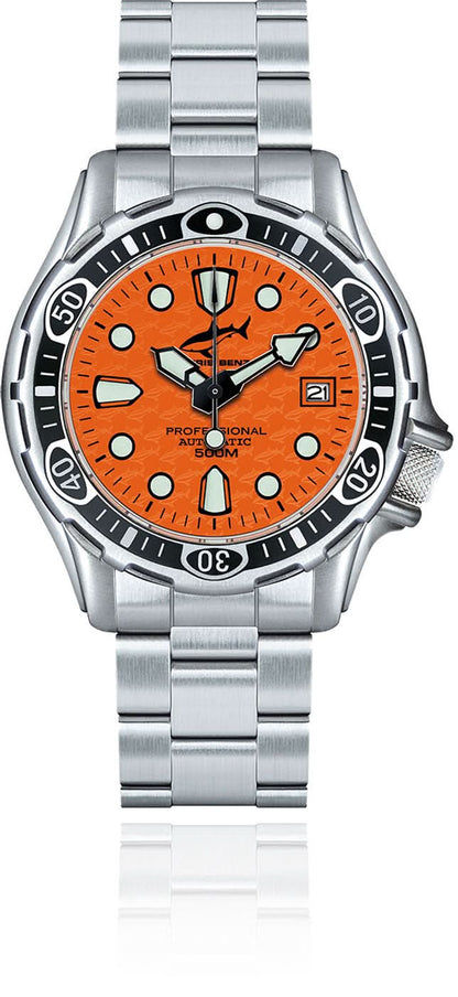 Herrklocka med orange urtavla, armband i rostfritt stål och vridbar boettring.