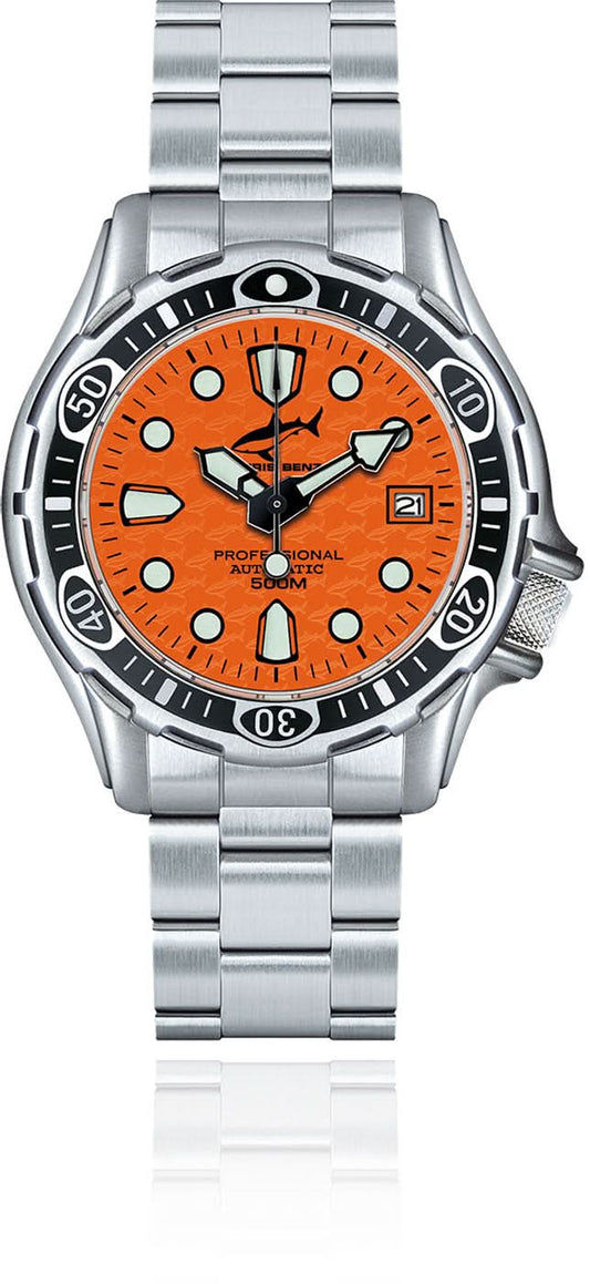 Herrklocka med orange urtavla, armband i rostfritt stål och vridbar boettring.