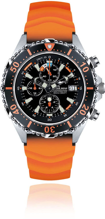 Herrklocka med svart urtavla, orange silikonarmband och kronografurtavla