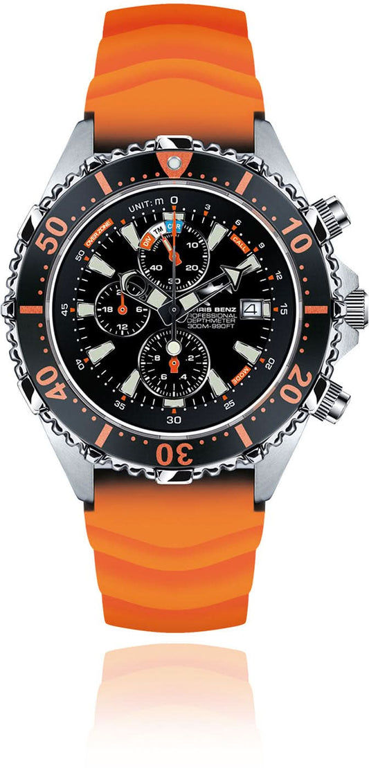Herrklocka med svart urtavla, orange silikonarmband och kronografurtavla