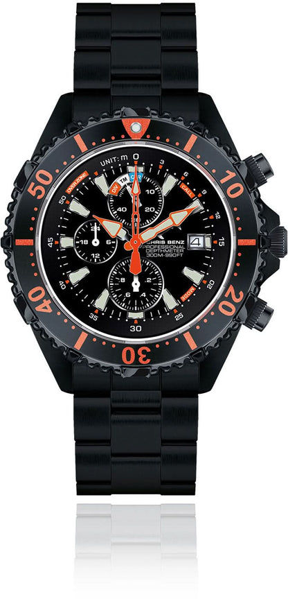 Chris Benz herrklocka: svart armband, svart urtavla, orange accenter