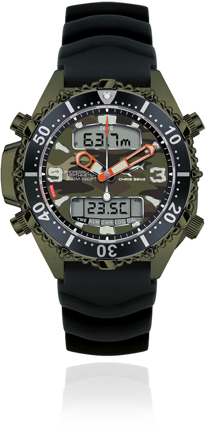 Herrklocka med digital display, svart armband, mörkgrön sifferring och lysande element