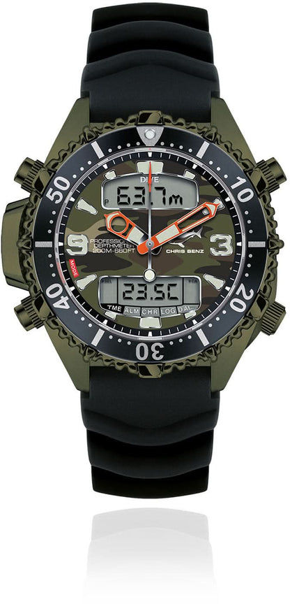 Herrklocka med digital display, svart armband, mörkgrön sifferring och lysande element