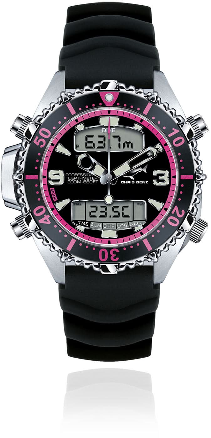 Digital dykarur med svart armband, rosa boettring och digital display