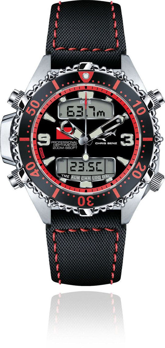 "Herrklocka med svart textilarmband, röd ring och digital display"