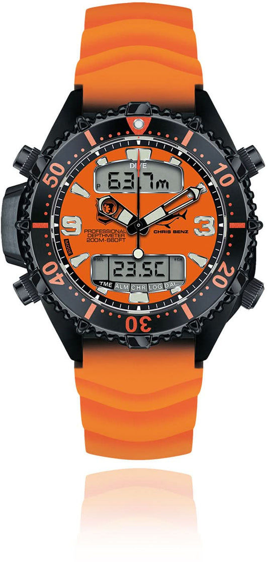 Herrklocka med orange silikonarmband, svart urtavla och digital display