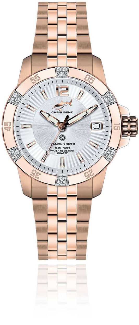 Damklocka med roséguldpläterat metallarmband och vit urtavla, diamantprydd kant