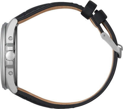 Herrklocka med svart läderarmband, sidovy med krona på boetten