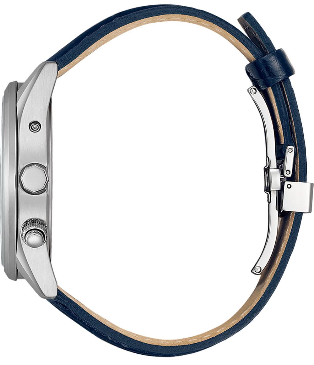 Armbandur med mörkblått läderband och silverfärgat hölje, sidovy med krona