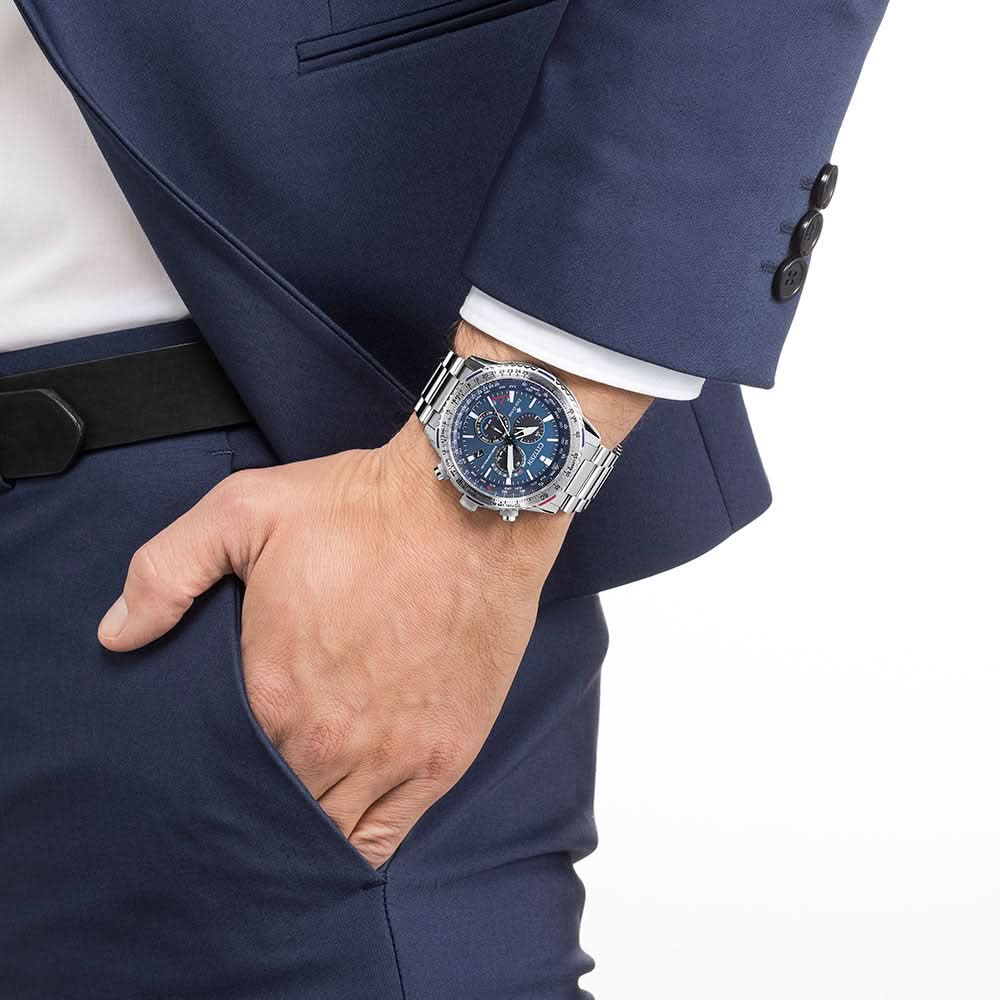 Funk-solar-armbandsur för män med blå urtavla och armband i rostfritt stål