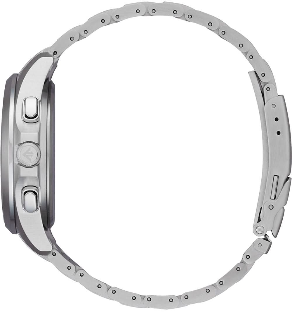 Armbandsur i rostfritt stål, sidovy med räfflad infattning och skruvad länkarmband