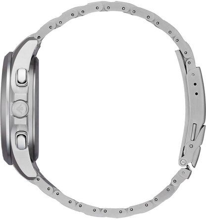 Armbandsur i rostfritt stål, sidovy med räfflad infattning och skruvad länkarmband