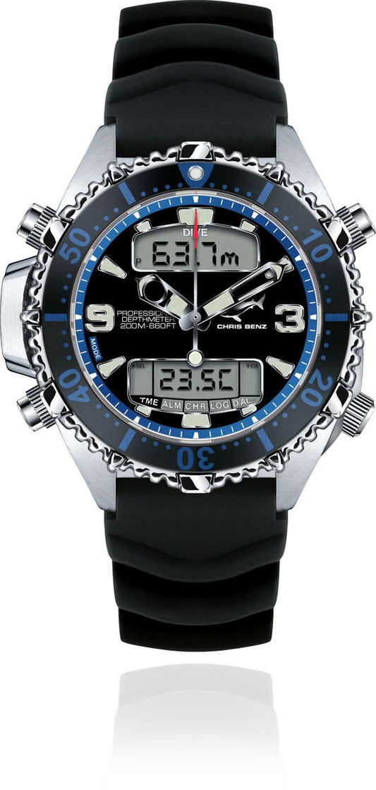 Chris Benz Depthmeter digital klocka med svart armband och blå urtavla