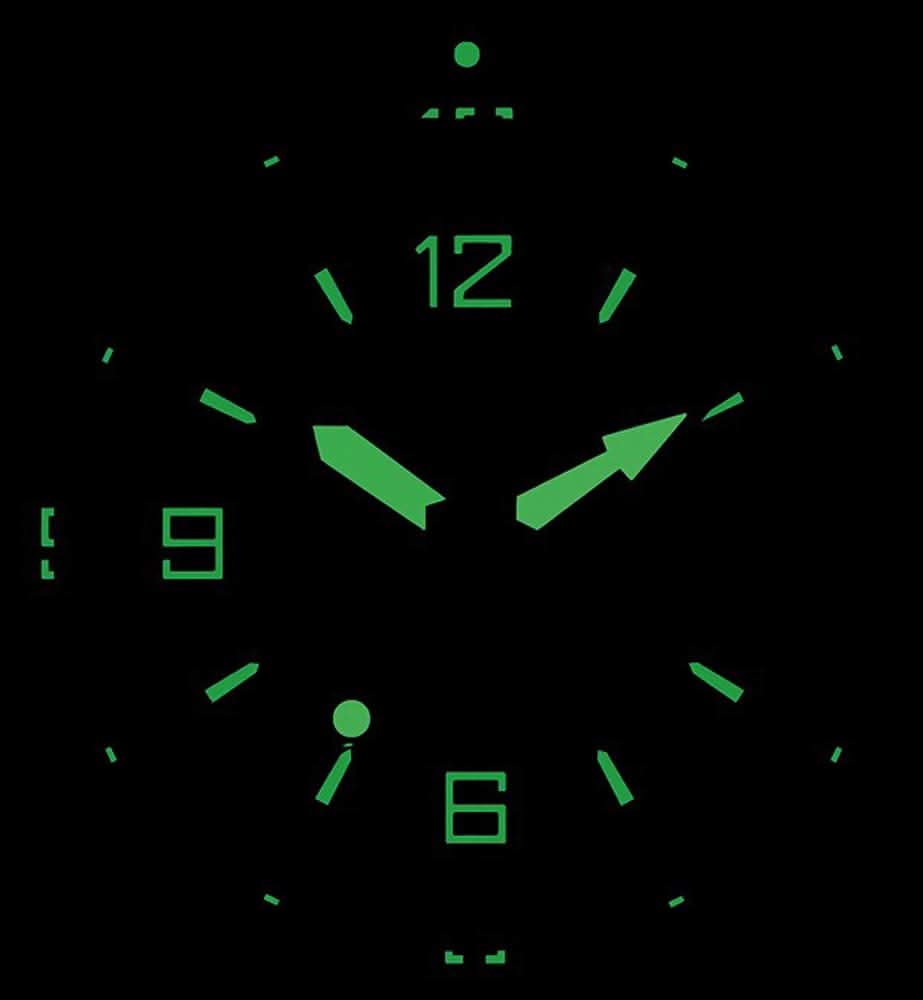 Urtavla med gröna självlysande visare och markeringar för 12 o'clock