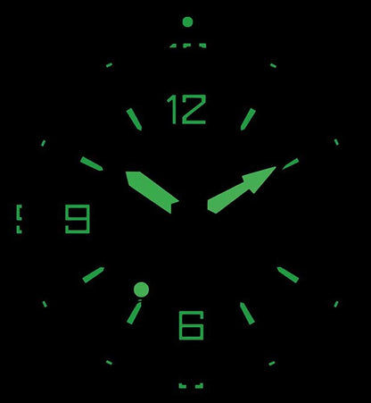 Urtavla med gröna självlysande visare och markeringar för 12 o'clock