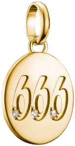 Förgyllt berlockhänge med runt 666-motiv och små stenar