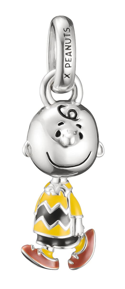 Charmhänge i silver med Snoopy-figur, gul skjorta och krokfäste