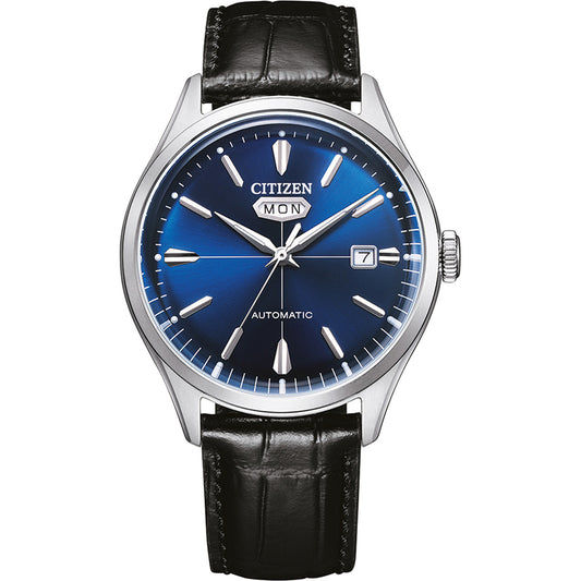 Citizen Herrenarmbanduhr mit blauem Zifferblatt, schwarzem Lederband und Datumsanzeige