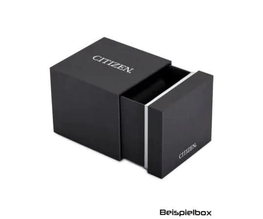Citizen-klockbox, svart förpackning med silveraccenter och präglad logotyp