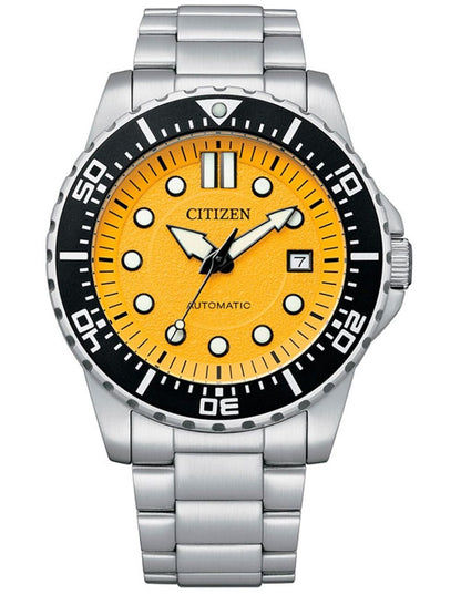 Citizen Herrenuhr: gelbes Zifferblatt, silbernes Edelstahlband, schwarze Lünette