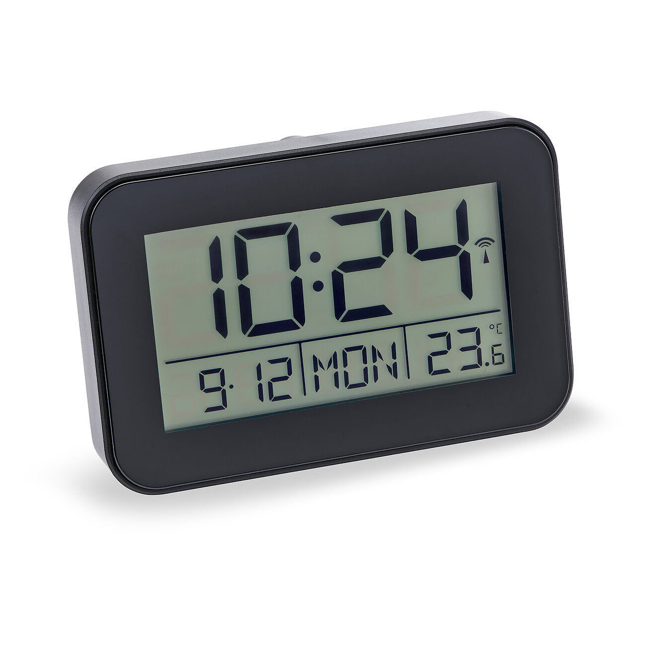 Digital väckarklocka med LCD-display, visar tid, datum och temperatur