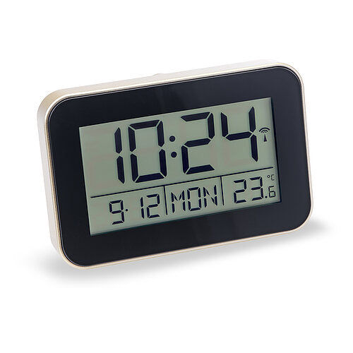 Digital radiostyrd väckarklocka med LCD-display, svart hölje och guldfärgad kant