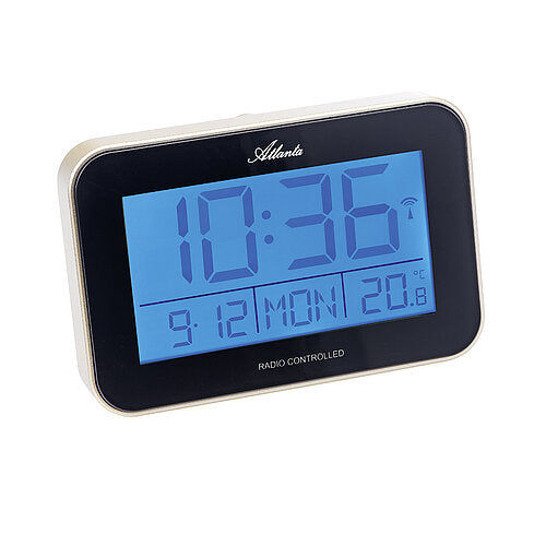 Digital radiostyrd väckarklocka med LCD-skärm, svart hölje och guldfärgad kant, Atlanta