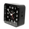 Svart radiostyrd väckarklocka snett framifrån, analog display med siffror