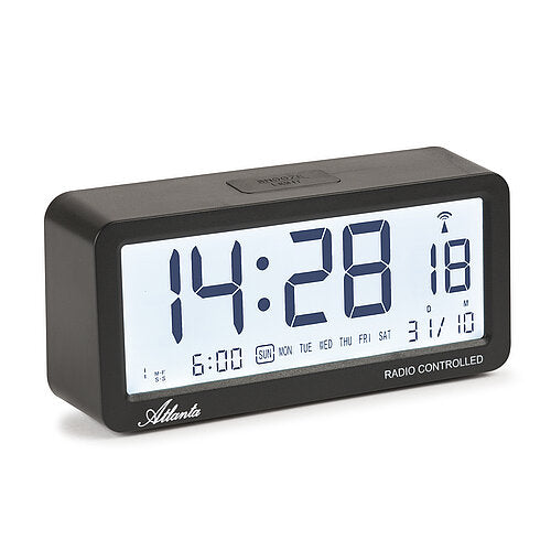 Digital radiostyrd väckarklocka i svart med stor LED-display och radiostyrning
