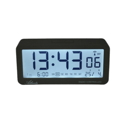 Sveglia con quadrante scuro e display digitale blu, più indicatore DST