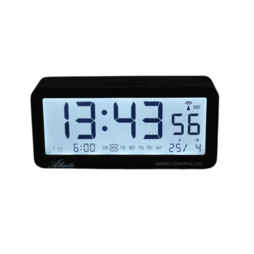 Digital radiostyrd väckarklocka i svart med blå LED-display och radiostyrning