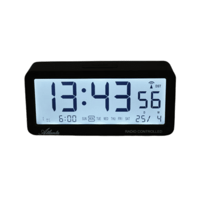 Digital radiostyrd väckarklocka i svart med blå LED-display och radiostyrning