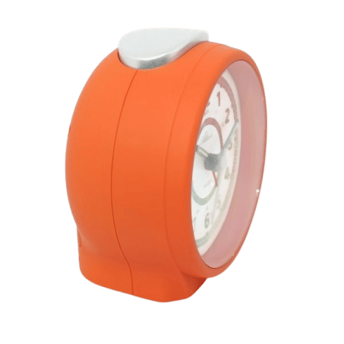 Väckarklocka sidovy: orange hölje med silverfärgad ovansida