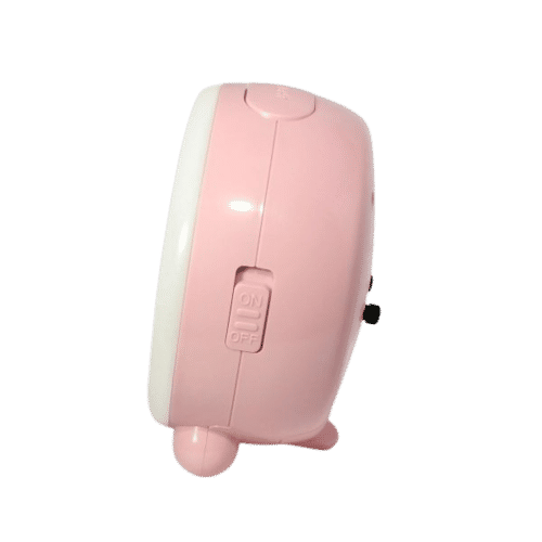 Väckarklocka sidovy, rosa hölje med omkopplare "PÅ/AV".