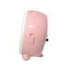 Barnväckarklocka från sidan, rosa hölje med strömbrytare och anslutningsområde.