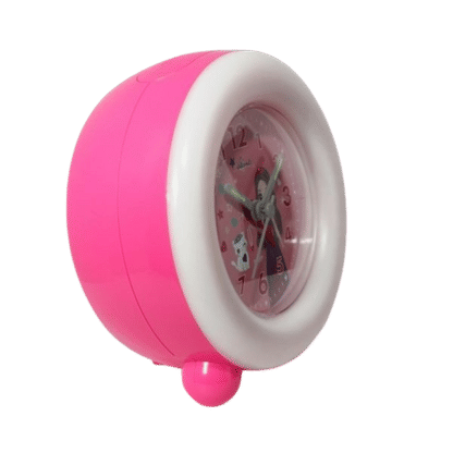 Barnväckarklocka med rosa sidopanel och vit ljusring, analog urtavla i sikte
