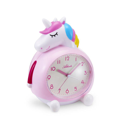 Barnväckarklocka enhörning rosa med blått horn, analog urtavla