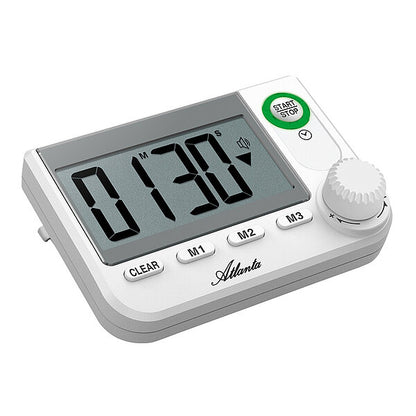Timer med digital display, knappar M1–M3 och vred till höger