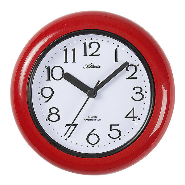 Rote runde Wanduhr mit schwarzem Ziffernkranz und arabischen Ziffern, Zeiger