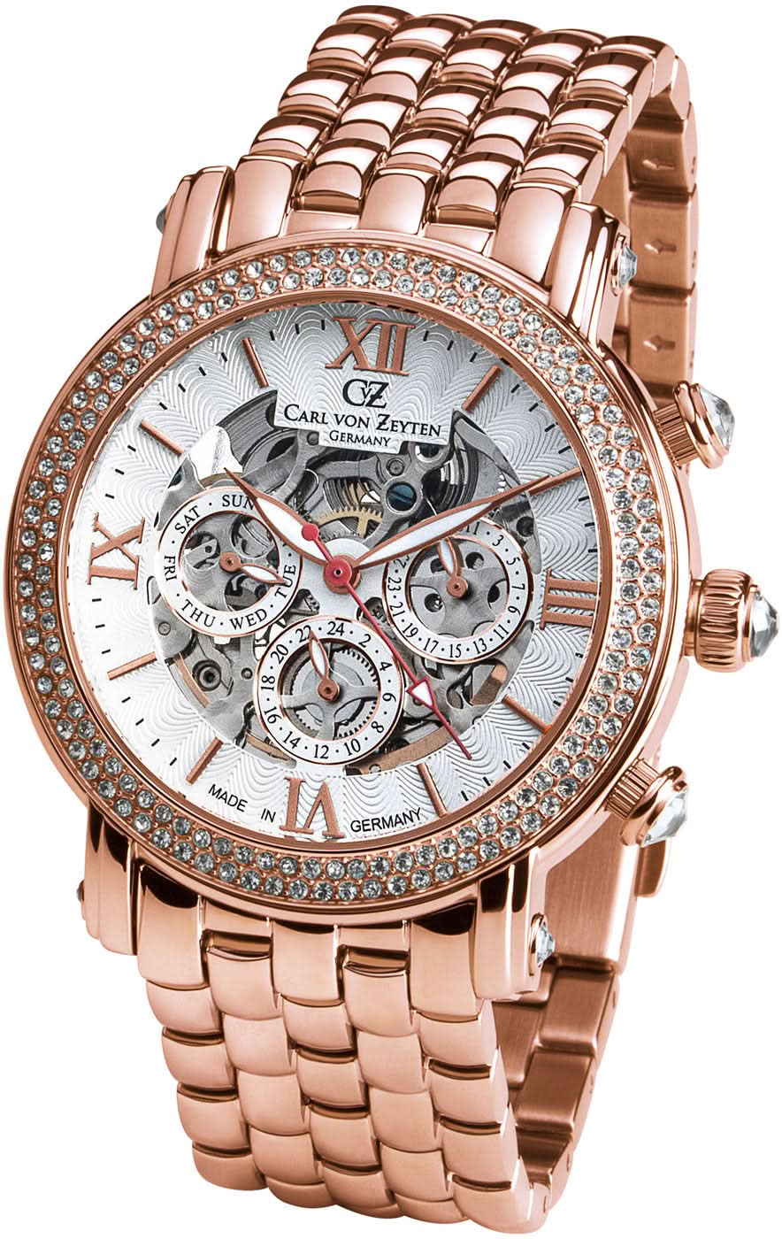 Carl von Zeyten damklocka med roséguldpläterat metallarmband, utsmyckad med stenar och ett synligt urverk
