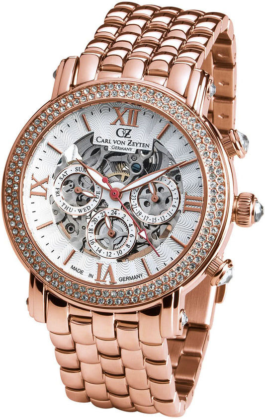 Carl von Zeyten damklocka med roséguldpläterat metallarmband, utsmyckad med stenar och ett synligt urverk