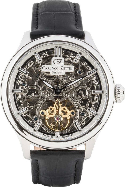 Herrarmbandsur med skeletterad urtavla och svart läderarmband, silverfärgat hölje