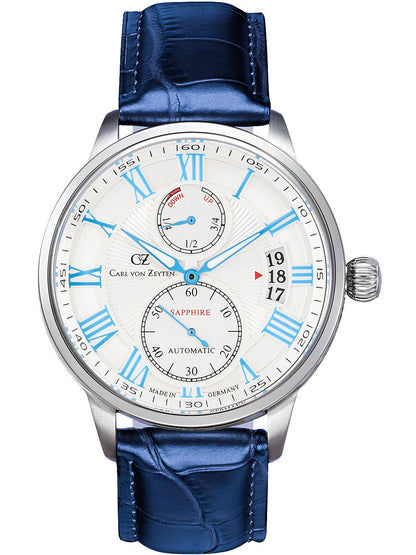 Carl von Zeyten Herrenuhr mit blauem Lederarmband, silbernes Gehäuse und blauem Zifferblatt