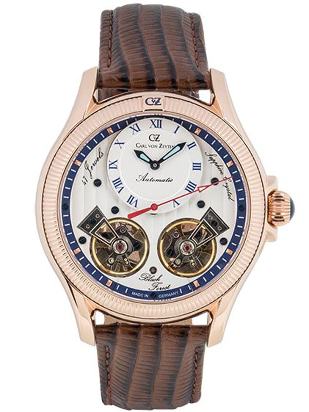 Herrenuhr mit roségoldenem Gehäuse, blauem Zifferblatt und braunem Lederband, Open-Heart