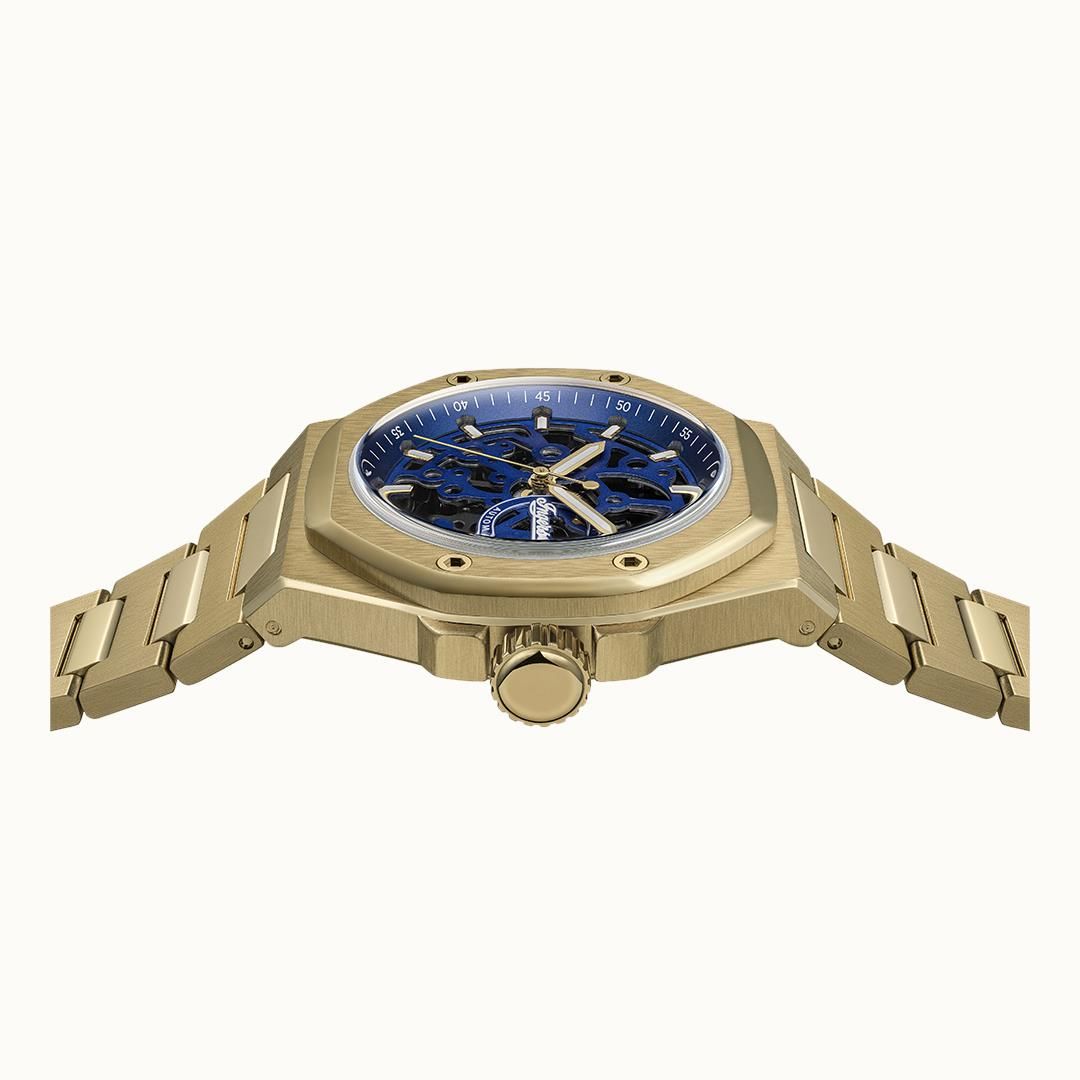 Herren-Armbanduhr mit Rückseiten-Ansicht: blaues Uhrwerk sichtbar